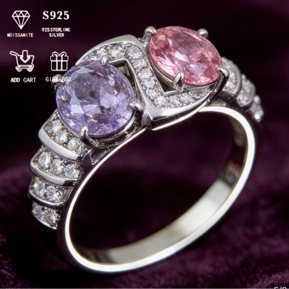 Moissanite Sterling Silver Ring with Pink and Purple Stones - Picture 3 of 8